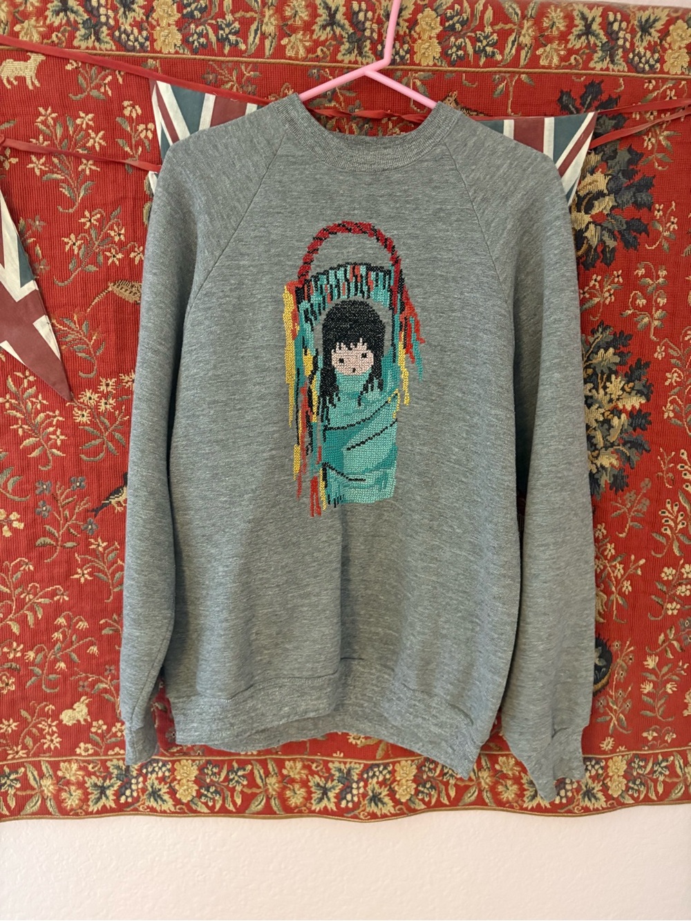 Grey Women's Sweater with Colorful Needlepoint Graphic Southwestern Turquoise